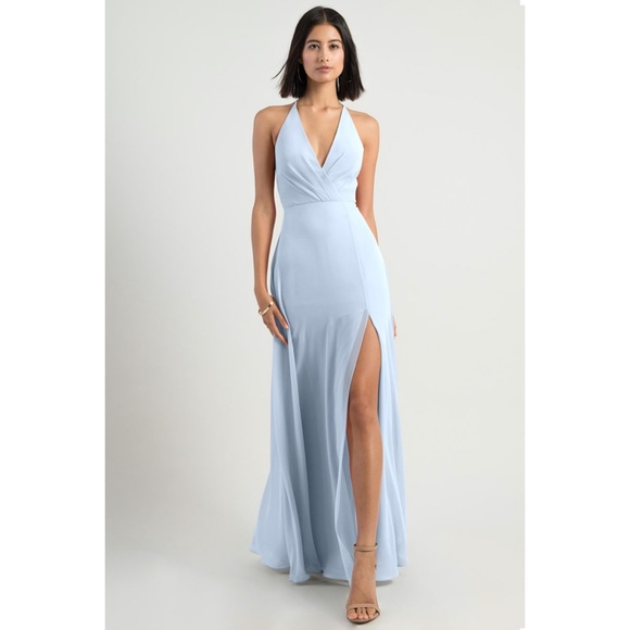 NWT Jenny Yoo Bryce Chiffon Halter Gown Blue 4 - Picture 1 of 10